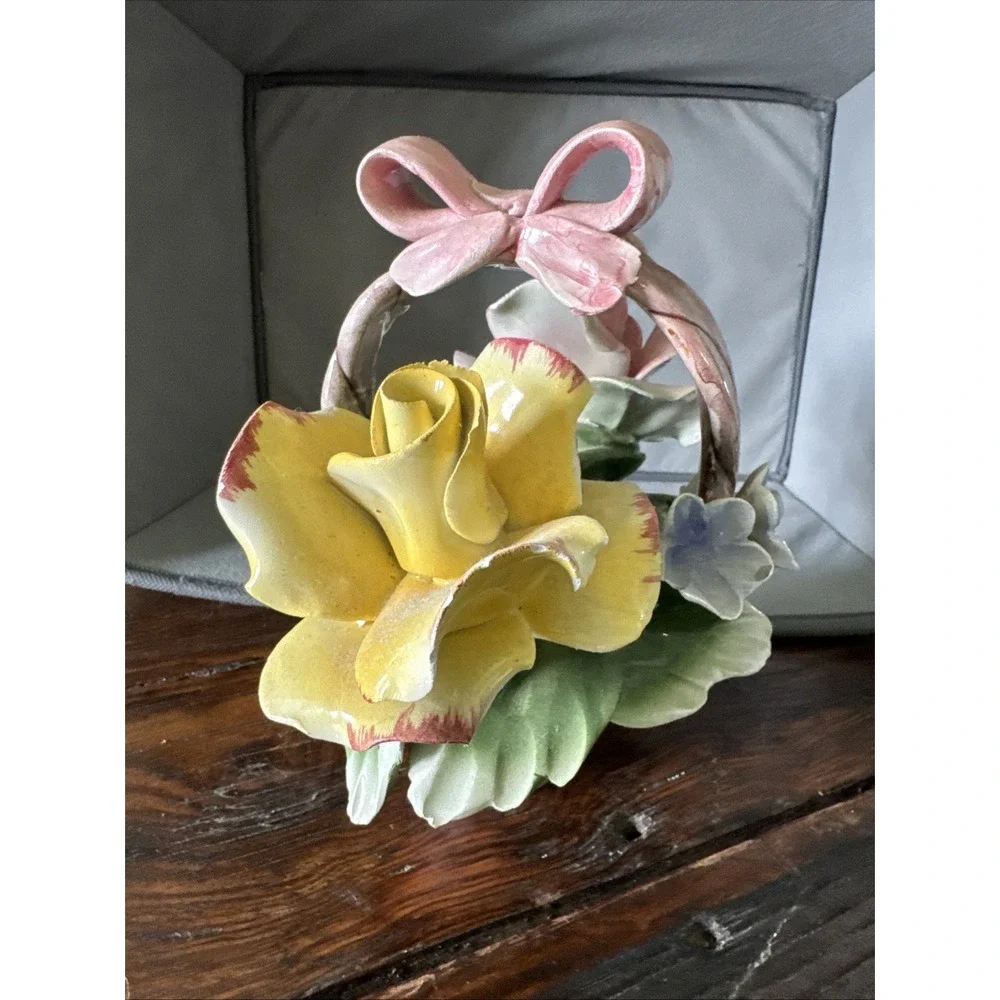 Vintage 1980s Capodimonte Italian‎ Porcelain Flower Basket Pink Yellow